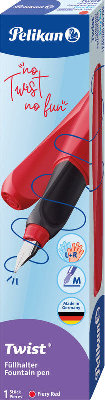 Pelikan Twist Fiery Red – Federspitze M – für Rechts- & Linkshänder – Rot, Blau – Patronen