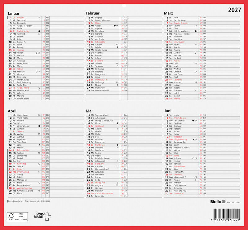 Biella Tafelkalender – Deutsch – 2027 – 6 Monate pro Seite, zweiseitig – 32 × 29,7 cm