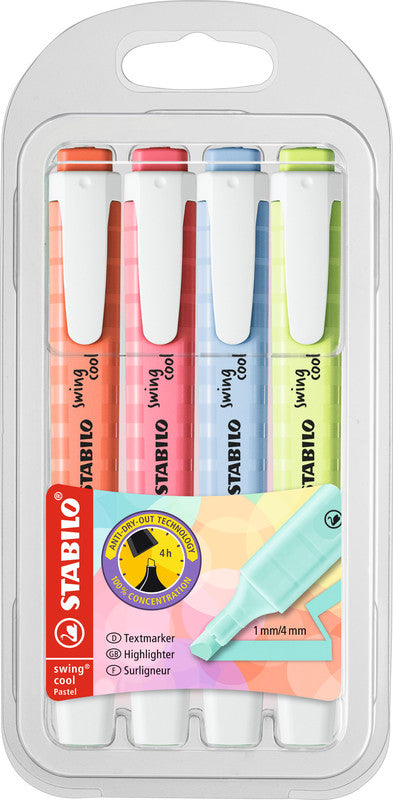 STABILO swing cool Textmarker Set 4 Pastellfarben – Keilspitze, 1–4 mm