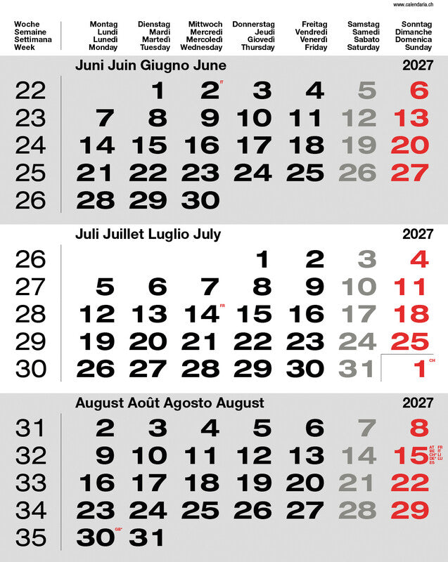 Calendaria 3-Monats-Kalender, 3 Monate pro Seite, 2027, 31 × 40 cm, d/f/i/gb, Spiralbindung, mit Datumsschieber