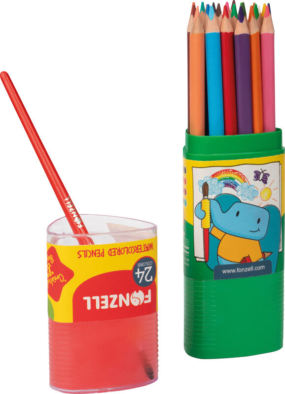 Fonzell Aquarellfarbstifte-Set – 24 Farben, Dreikant, Mine Ø 3,3 mm, Dreiecksetui, mit Pinsel