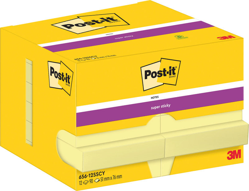 Post-it Haftnotizen Super Sticky – 76×51 mm – gelb, 12×90 Blatt, PEFC