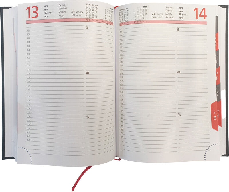 Biella Registra Plus Agenda – 1 Tag pro Seite, Gebunden, 14,5 × 20,5 cm, 2026, Halbstunden-Takt, Schwarz, FSC