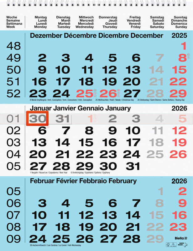 Biella 3-Monats-Kalender – 3 Monate pro Blatt – 2026 – Datumsschieber – 31 × 40 cm