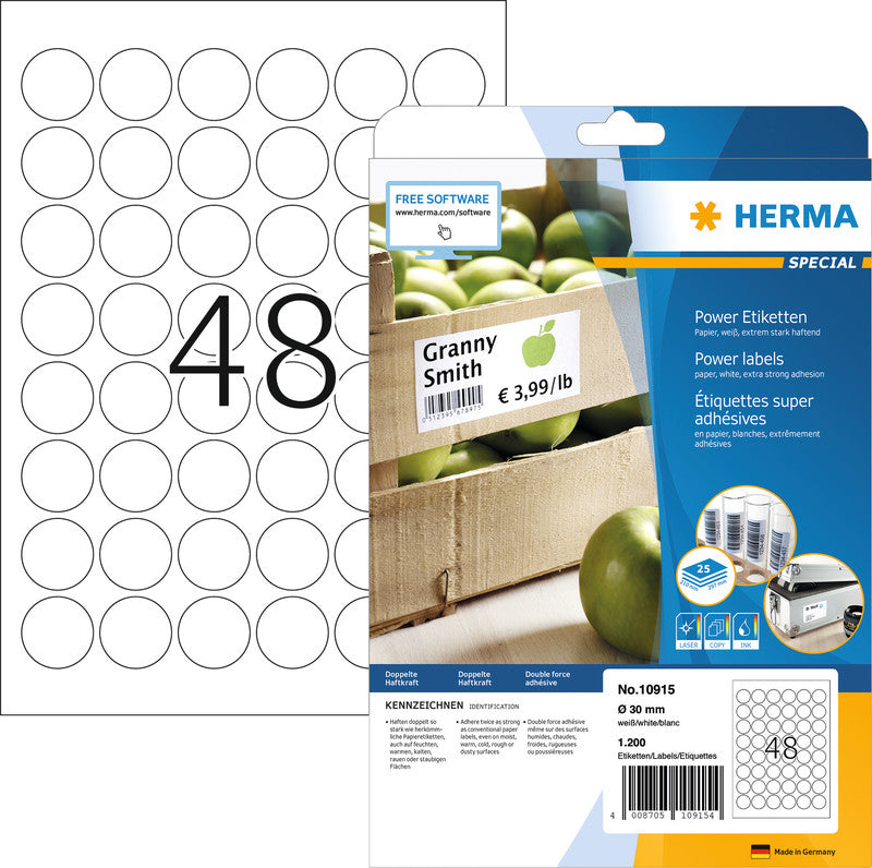 HERMA Druckeretiketten, Ø 30 mm, weiss, Papier, extra stark, Packung 25 Blatt