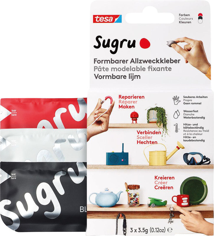 Tesa Sugru Vielzweckkleber (formbar) – wasserfest, für Metall, Holz, Glas, 3×3,5 g, −40 bis +180 °C