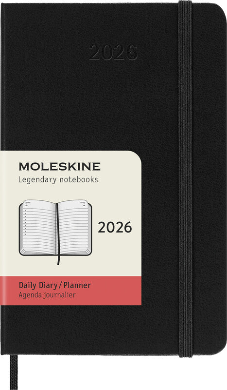 Moleskine Taschenagenda – 1 Tag pro Seite, gebunden, 9 × 14 cm, 2026, 1-Stunden-Takt, Englisch, Schwarz, FSC