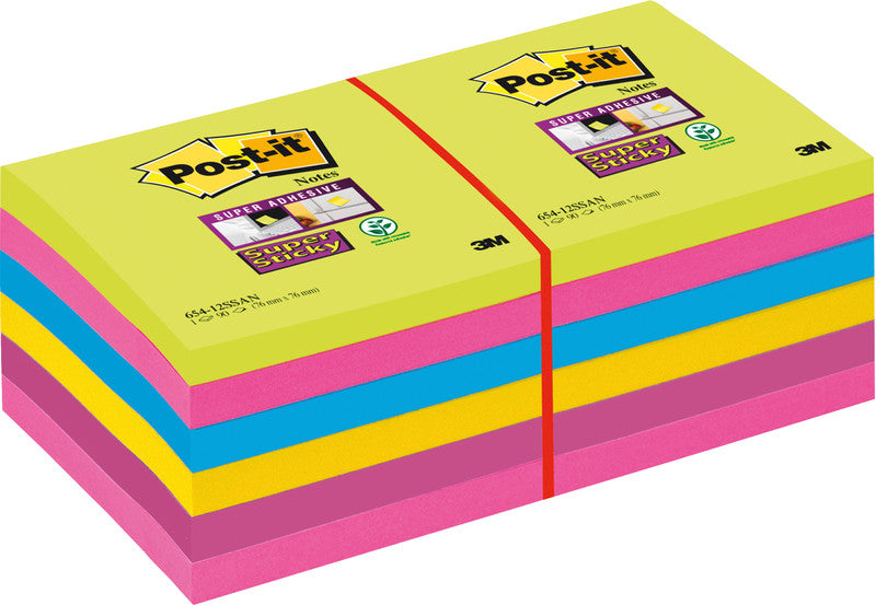 Post-it Super Sticky Haftnotizen – 76×76 mm – sortiert, 12×90 Blatt, PEFC
