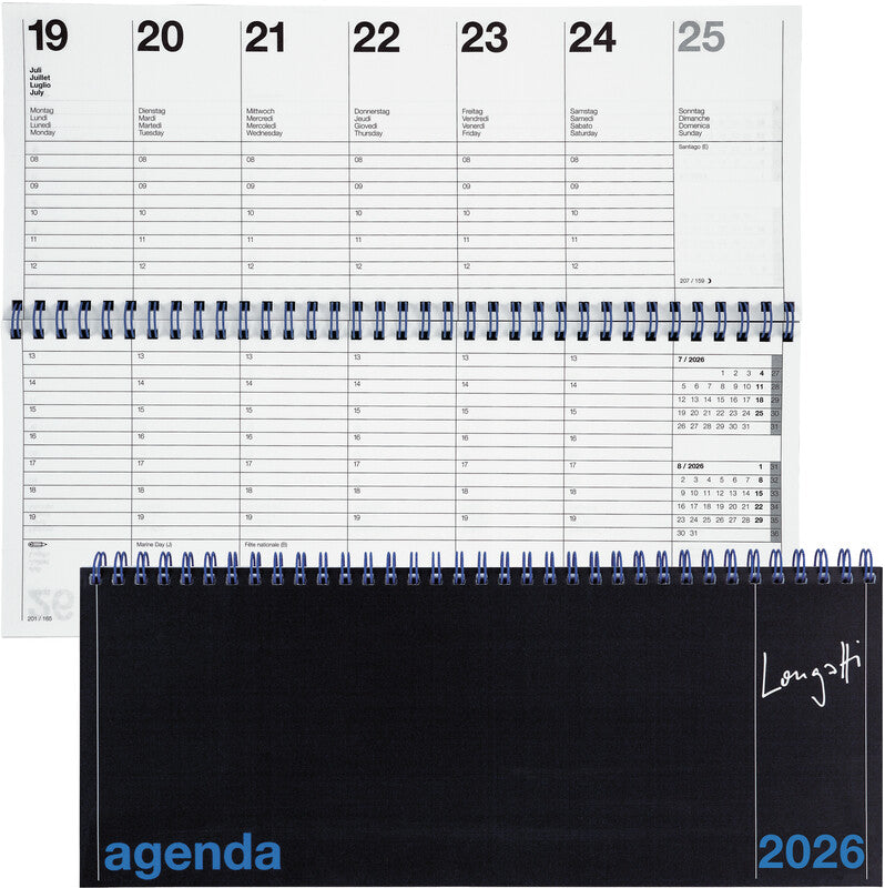 Biella Agenda – 1 Woche/2 Seiten, Spiralbindung, 29,8 × 11,7 cm, 2026, mehrsprachig, schwarz, FSC