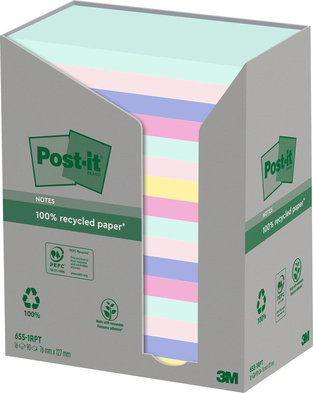 Post-it Haftnotizen Recycling Tower – 127×76 mm – sortiert, 16×100 Blatt, PEFC