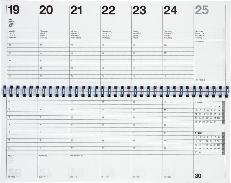 Biella Agenda – 1 Woche/2 Seiten, Spiralbindung, 29,8 × 11,7 cm, 2026, mehrsprachig, schwarz, FSC