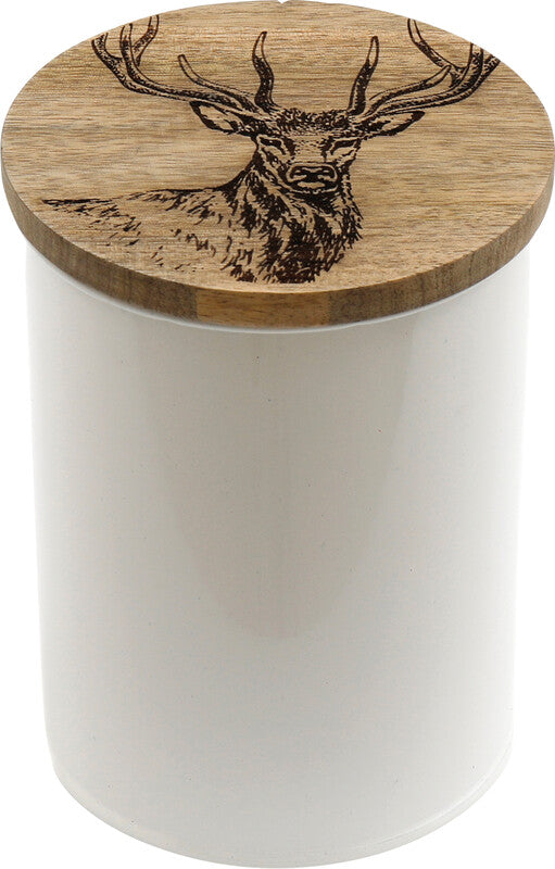 Sifcon Geschenkbox – Hirsch, Weihnachten – Metall, Deckel aus Mangoholz, lebensmittelecht – Ø 100 × 135 mm