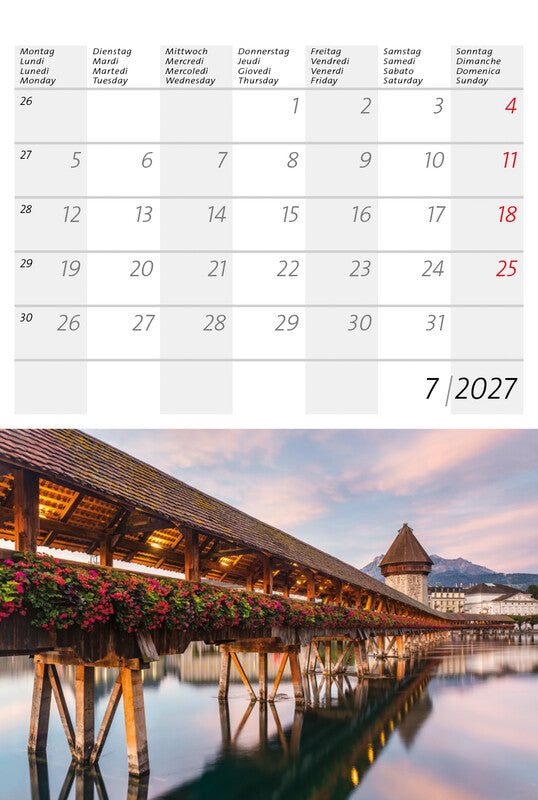 Calendaria Kleiner Schweizer – Bildkalender Schweiz 2027 – 14,8 × 22 cm – Kalendarium d/f/i/e – 12 Postkarten