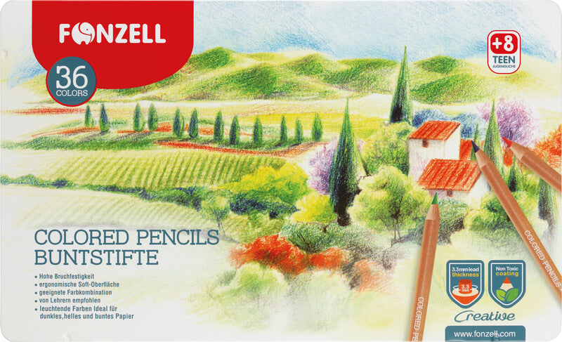 Fonzell Creative Farbstifte-Set – 36 Farben, rund, Mine Ø 3,3 mm, Metallschachtel