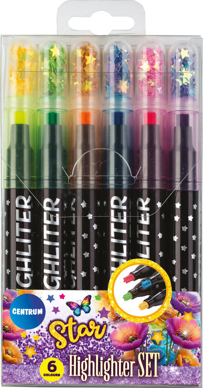 Centrum Textmarker – 6er Set, Farben: Orange/Grün/Gelb …, Sternspitze