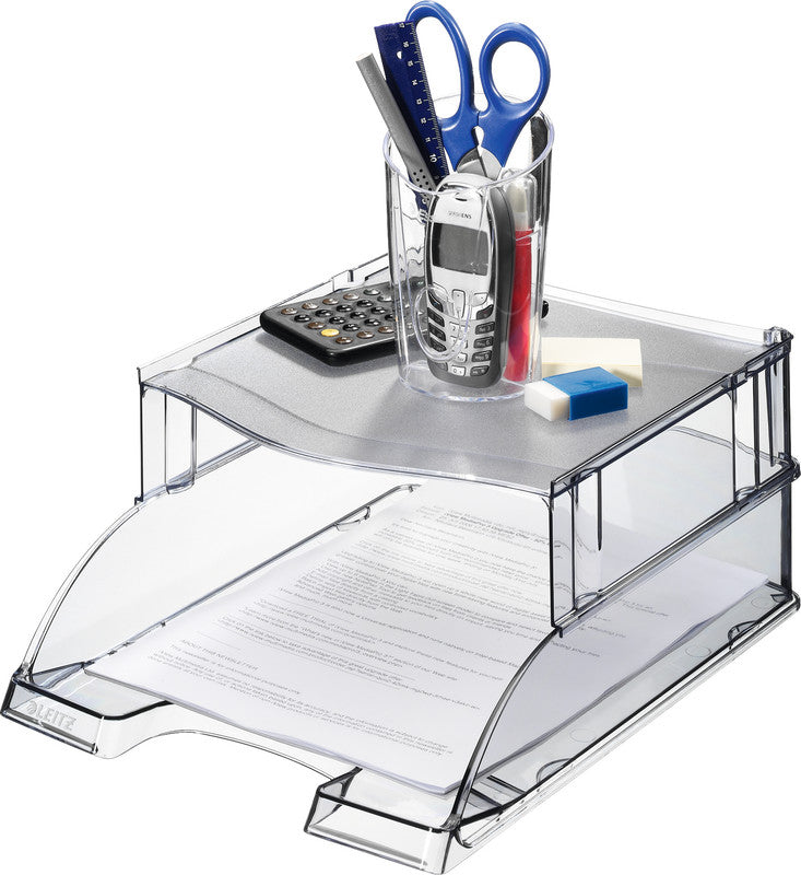 Leitz Briefkorb – mit Griffausschnitt, mit Beschriftungsfeld, glänzend, grau, B 255 × H 70 × T 357 mm