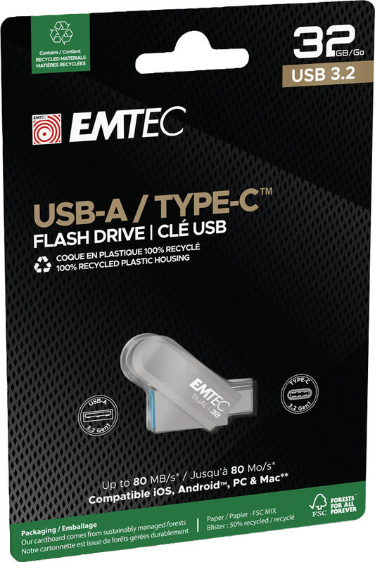 Emtec D280 Dual USB-Stick – 32 GB, USB 3.2, Gehäuse aus 100% recyceltem Kunststoff