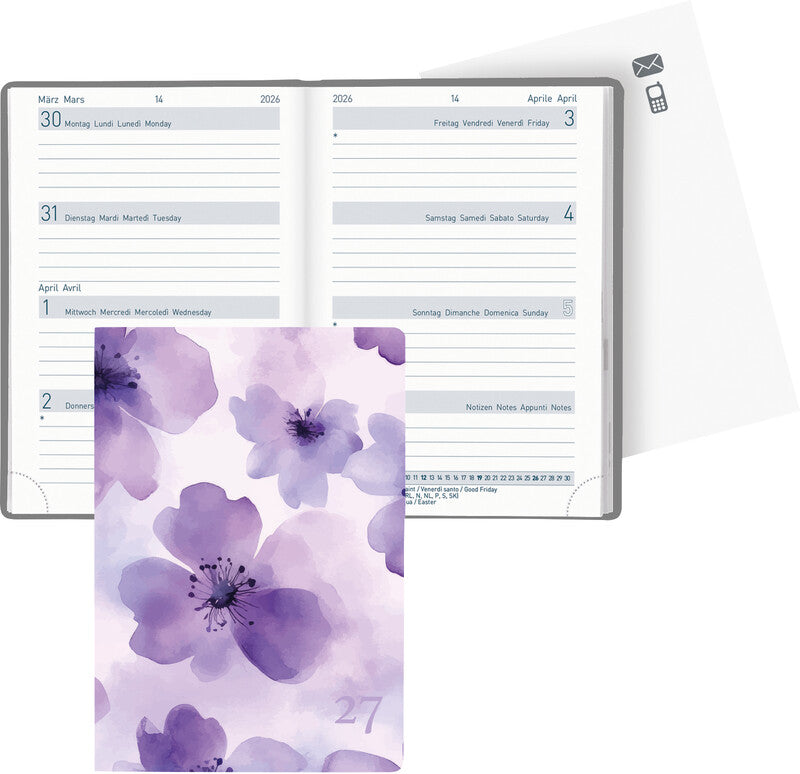 Biella Agenda – 1 Woche/2 Seiten, gebunden, 7,6 × 11 cm, Jan–Dez 2027, Purple Flower, FSC