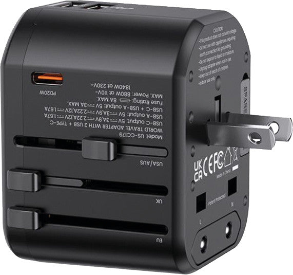 Usams Reiseadapter T59 – 52,7 × 54,8 mm, Schwarz, 2× USB-A, 1× USB-C, 20 W, für 2- und 3-polige Geräte
