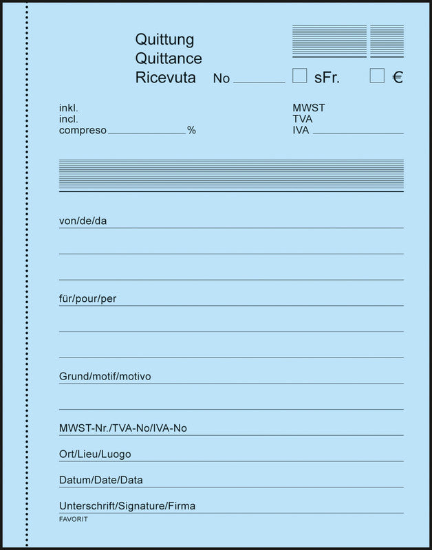 Favorit Formularblock – Quittungen, mehrsprachig, 50 Blatt, A6