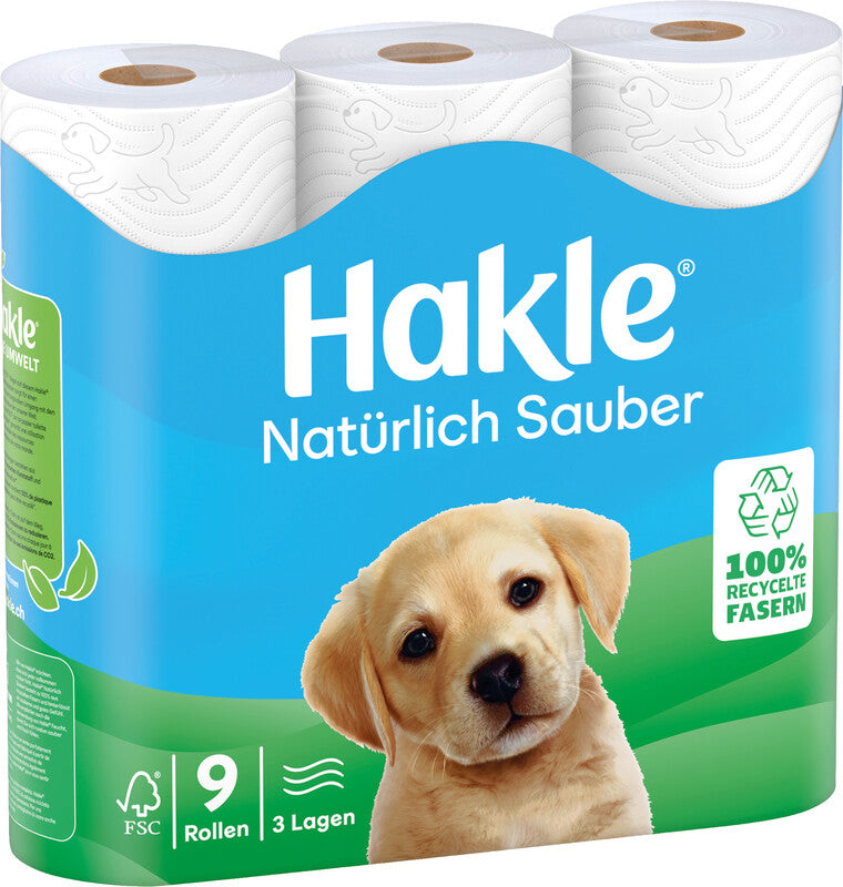 Hakle Toilettenpapier – Recycling, 3-lagig, Weiss, 150 Blatt/Rolle – 9 Rollen