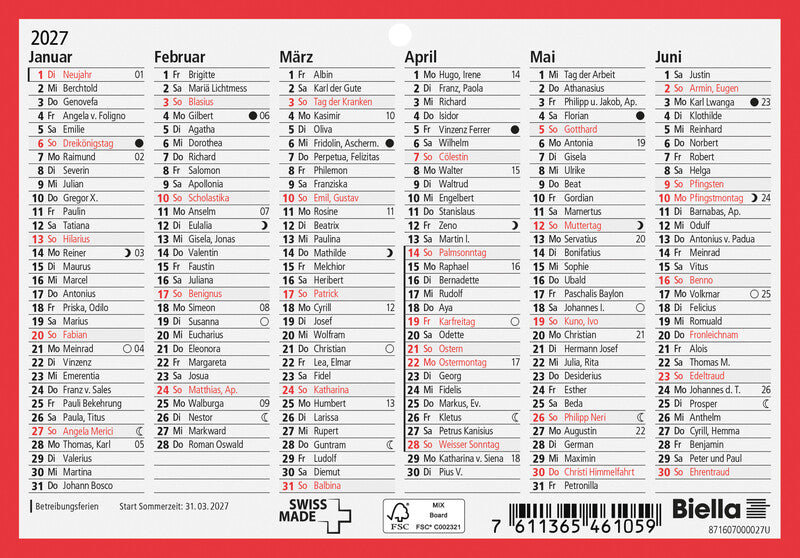 Biella Tafelkalender – 6 Monate pro Seite – Deutsch – 2027 – zweiseitig – 16,5 × 11,5 cm