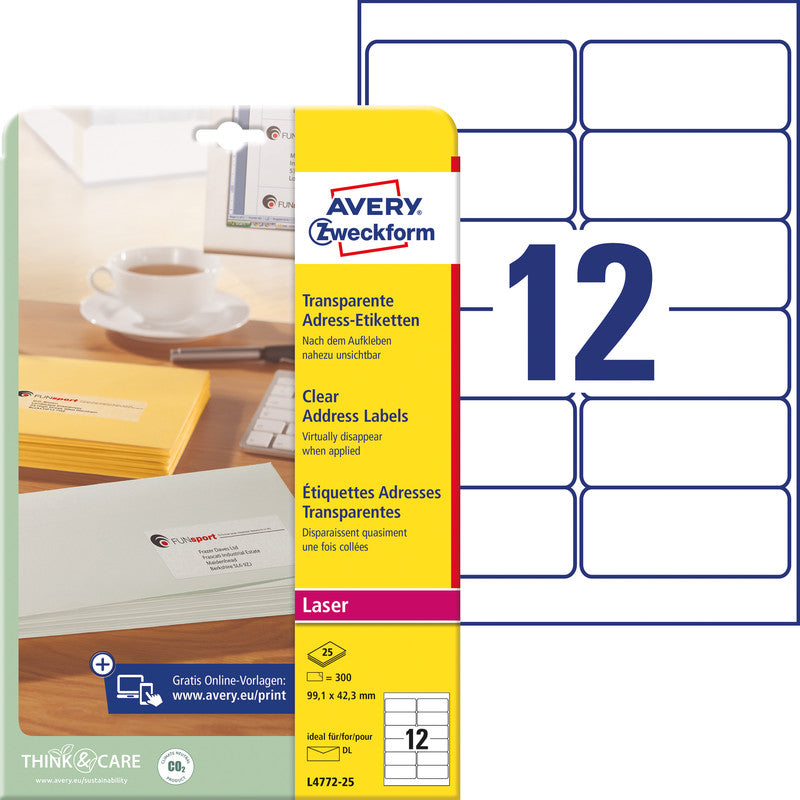 Avery Drucketiketten, 99,1 mm × 42,3 mm, transparent, 300 Etiketten (25 Blätter)