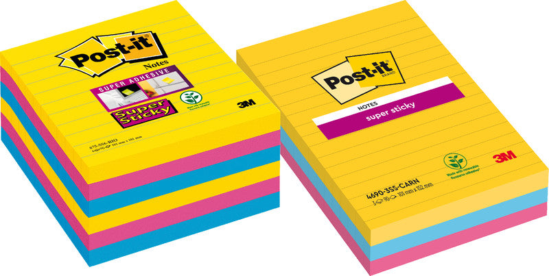 Post-it Haftnotizen – 101×101 mm – ultragelb, ultrablau, ultrapink, 6×90 Blatt, Super Sticky, PEFC