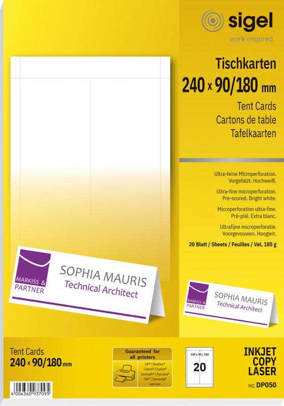 Sigel Tischkarten 240 × 180 mm, 185 g/m², weiss, Papier, vorgefalzt – für Inkjet, Laser, Kopierer – 20 Karten