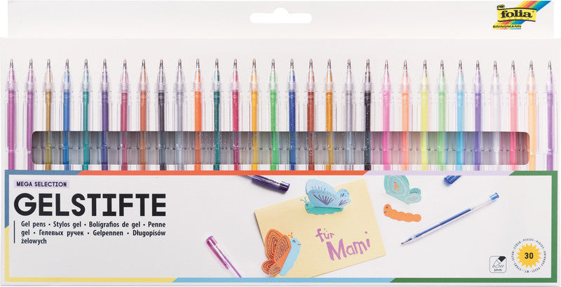 Folia Gelschreiber 30er Set – 30 Farben, 1 mm, für dunkles Papier, Kappe