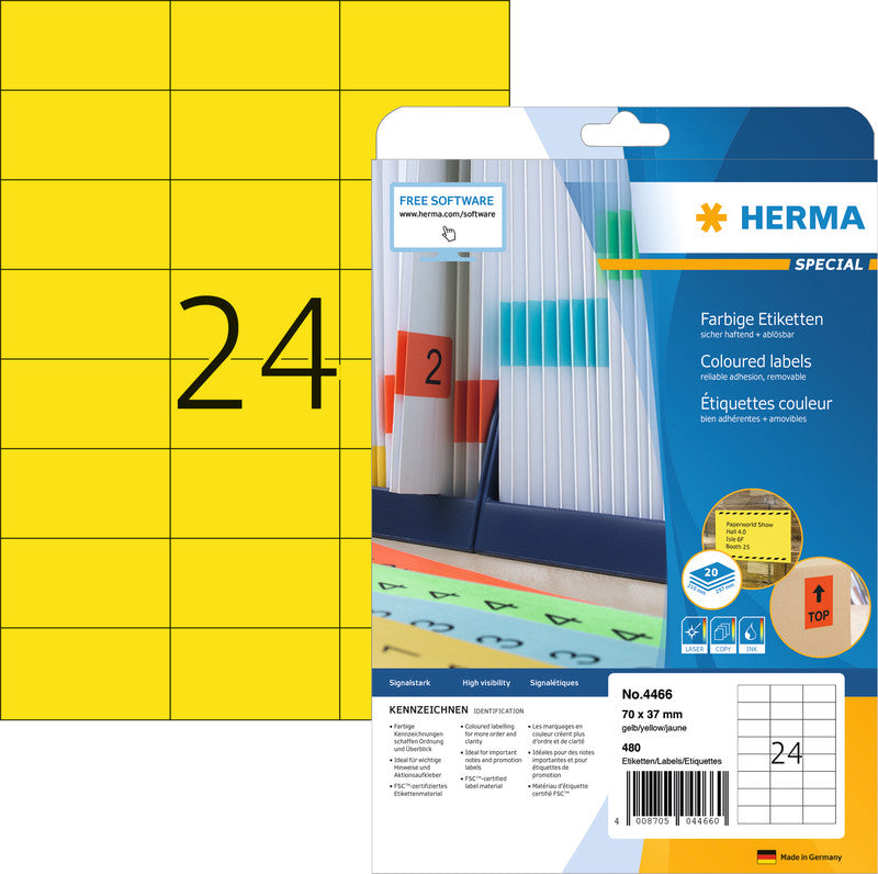 HERMA Drucketiketten, 70 mm × 37 mm, gelb, Papier, permanent, 20 Blätter (480 Etiketten)