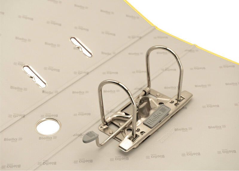 Biella Ordner – A4 hoch – 2-Ring Hebelmechanik, Rücken 70 mm – gelb, mit Niederhalter, mit Griffloch, FSC