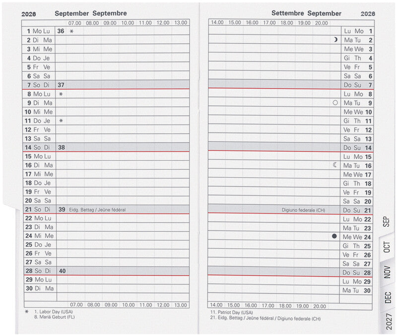 Biella Kalender-Einlage – 1 Monat/2 Seiten, geheftet, 7,5 × 12,6 cm, 2026