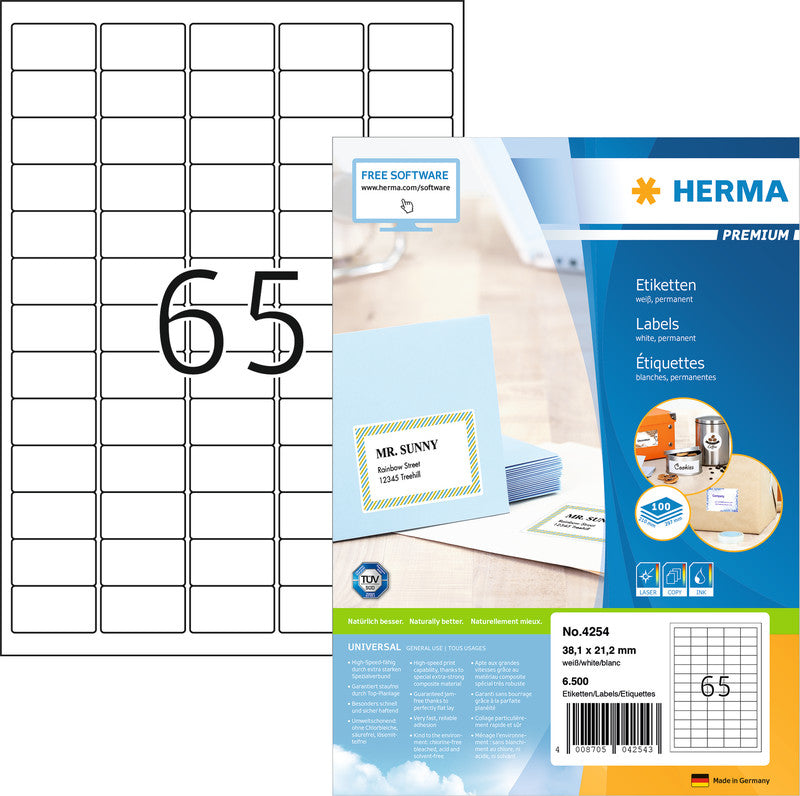 HERMA Adressetiketten, 38 mm × 21 mm, weiss, Papier, permanent, 100 Blätter (6'500 Etiketten)