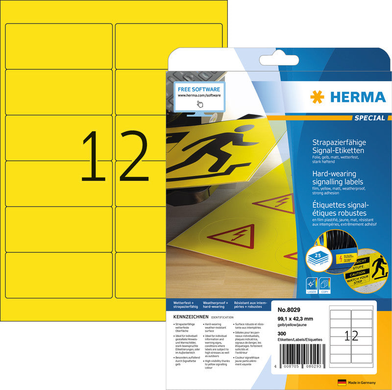 HERMA Druckeretiketten, 99 mm × 42 mm, gelb, Folie, extra stark, 300 Etiketten
