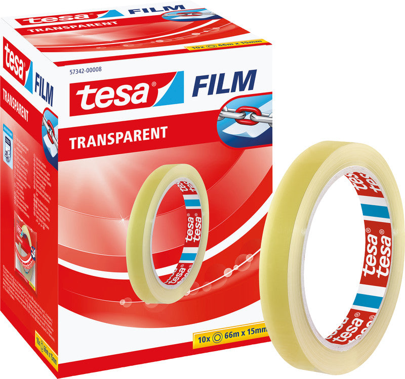 TESA Büro-Klebeband – permanent, klar, Kunststoff, 15 mm × 66 m, Kern Ø 76 mm