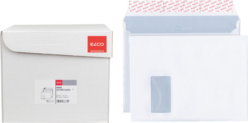 ELCO Couvert C4 (324 × 239 mm), mit Fenster, haftklebend (Optifix), weiss, 120 g/m², Papier – 200 Stk.
