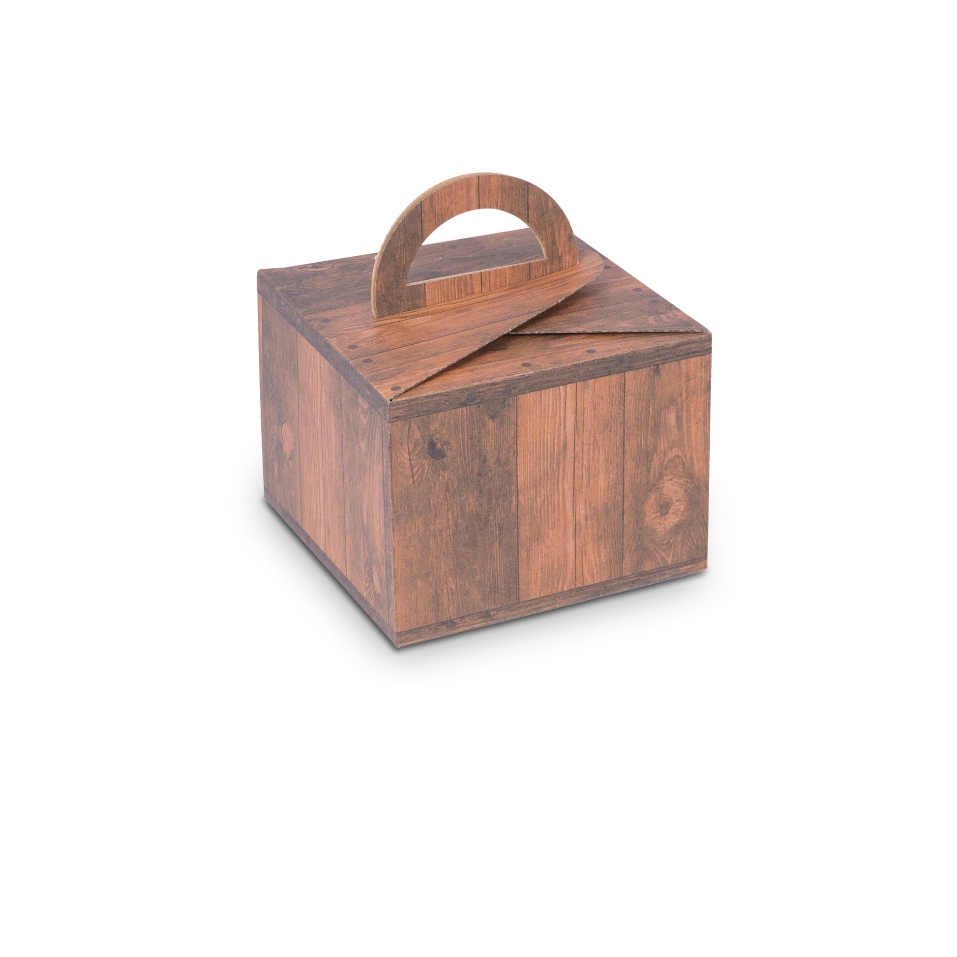 Model Geschenkverpackung mit Tragegriff und Holzoptik – Braun, 19,5 × 15,0 × 19,5 cm, 1 Stück