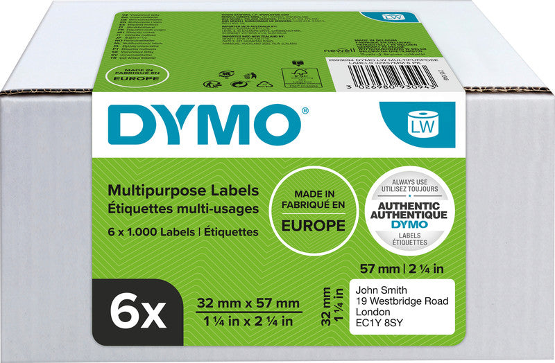 DYMO Druckeretiketten, 57 mm × 32 mm, weiss, Papier, wiederablösbar, für LabelWriter und andere, 6 × 1'000 St.