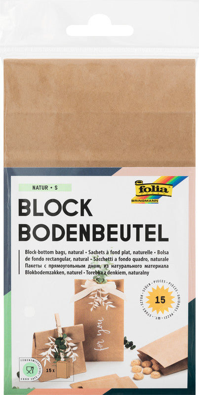Folia Blockbodenbeutel – Natur – 15 Stk. – 100 × 175 × 55 mm – Papier, lebensmittelecht, FSC