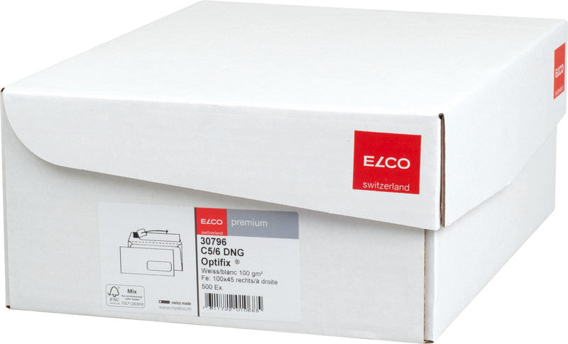 Elco Couvert C5/6, Fenster rechts, Haftklebung, hochweiss, 100 g/m² – 500 Stk.