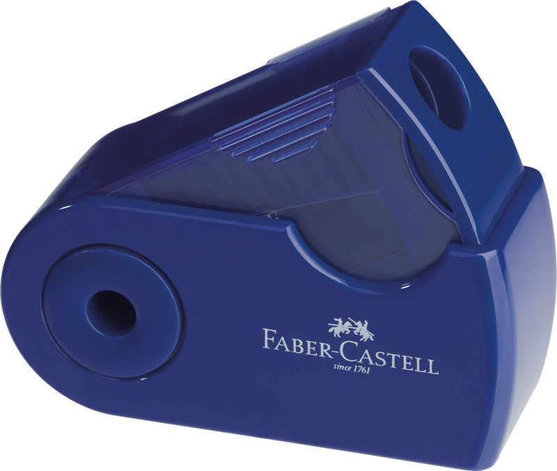 Faber-Castell Spitzer – manuell, 1-Loch, mit Behälter, für 8 mm Blei- und Farbstifte, Kunststoff, assortiert