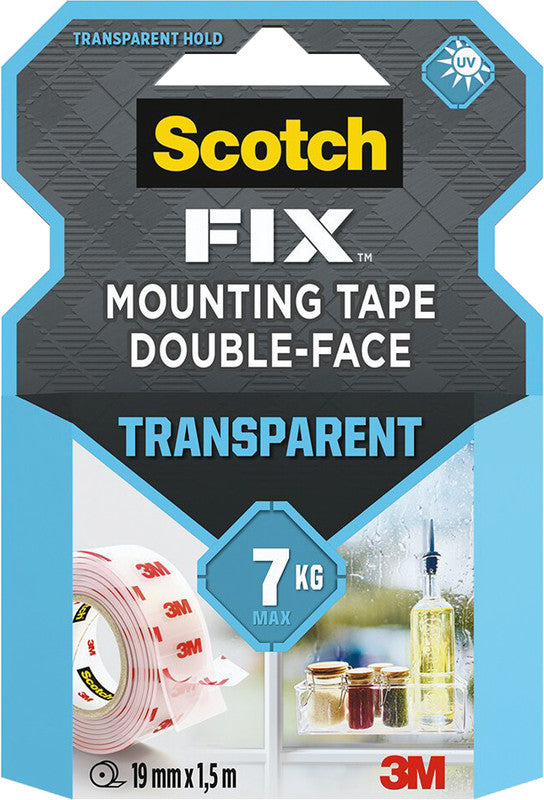 Scotch Montageband Fix, stark, für den Innenbereich, für glatte Oberflächen – 19 mm × 1,5 m, transparent, bis 1 kg/20 cm