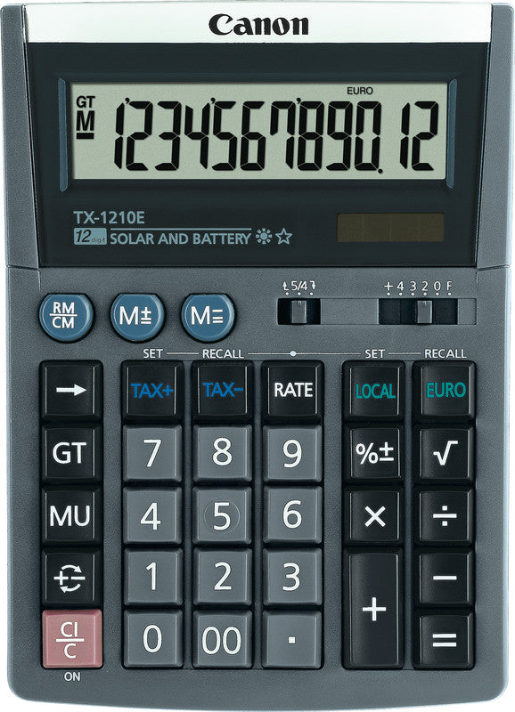 Canon Tischrechner TX-1210E – 12-stellig, neigbares LCD, Steuer/Währung, Solar + Batterie, 126×175×30 mm