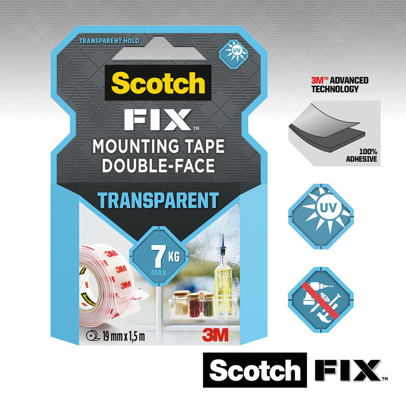 Scotch Montageband Fix, stark, für den Innenbereich, für glatte Oberflächen – 19 mm × 1,5 m, transparent, bis 1 kg/20 cm