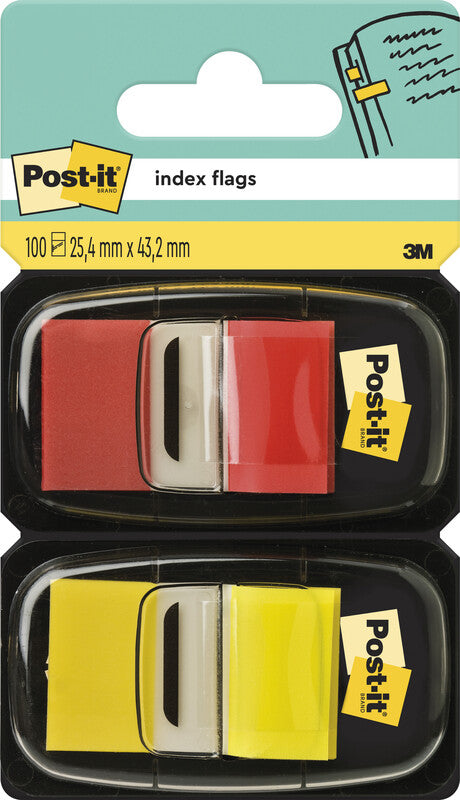 Post-it Indexstreifen – 25,4×43,2 mm – sortiert (rot, gelb), 2×50 Stück, mit Dispenser