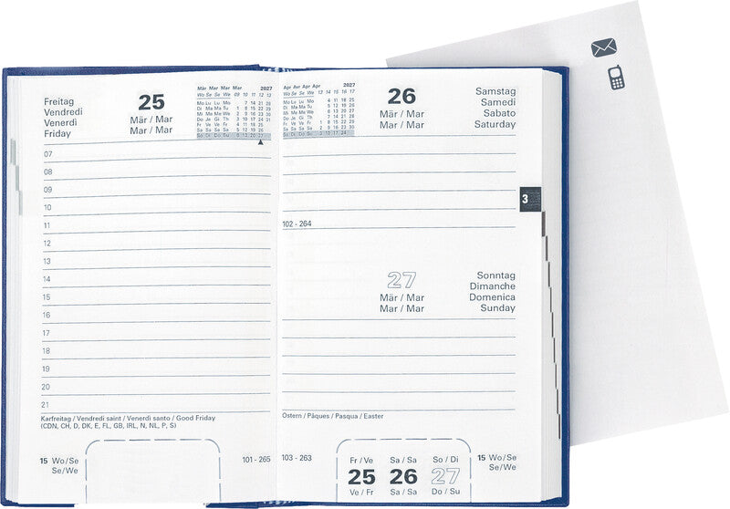 Biella Disponent Agenda – 1 Tag/Seite, Gebunden, 10,1 × 16,0 cm, 2027, 1-h-Takt, Dunkelblau, FSC