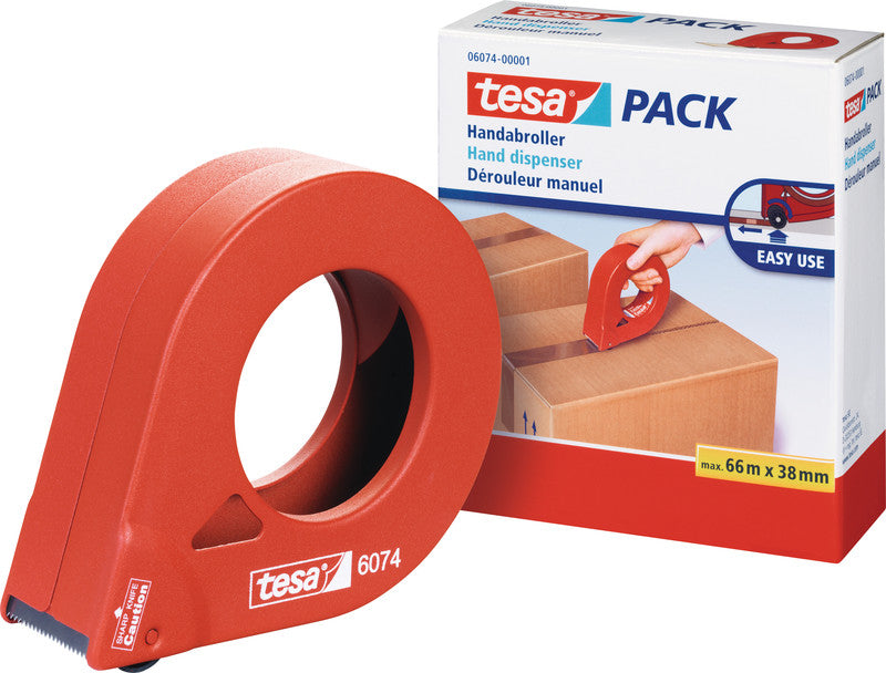 tesa Verpackungsbandabroller – für Rollenbreite bis 38 mm, für Bandlänge bis 66 m, mit Bremse, Metallmesser