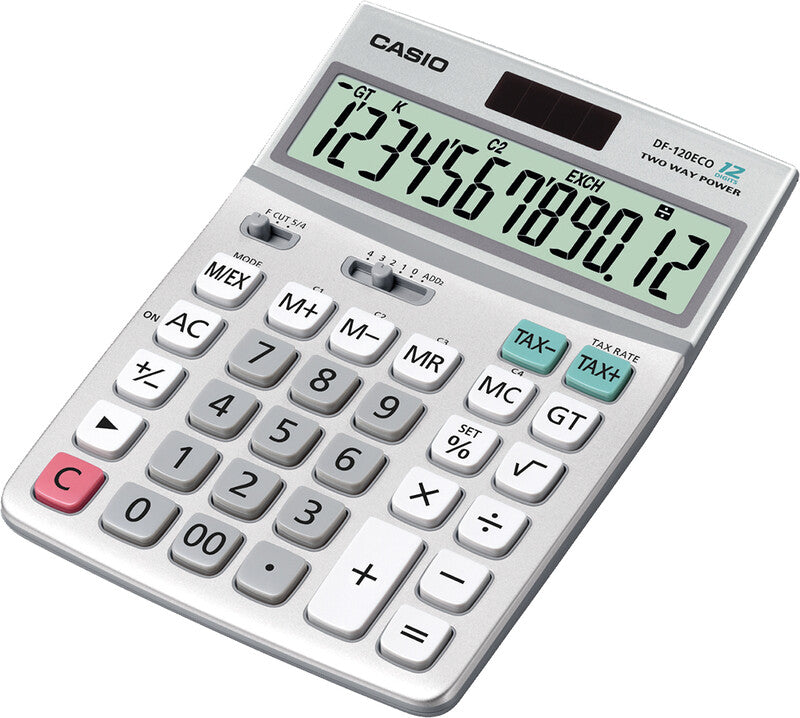 Casio Tischrechner DF-120ECO – 12-stellig, LCD, Steuer/Währung, Solar + Batterie, Grau