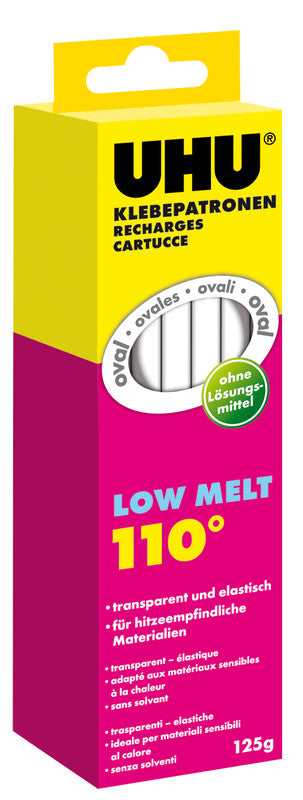 UHU Heissklebepatronen Low Melt 110 °C – Ø 8–13 × 173 mm – 10 Stück, 125 g – transparent trocknend, geruchlos